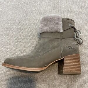 UGG Boots Womens Size 7.5 Olive Suede Shearling Lined Ankle Block Heel 1104863